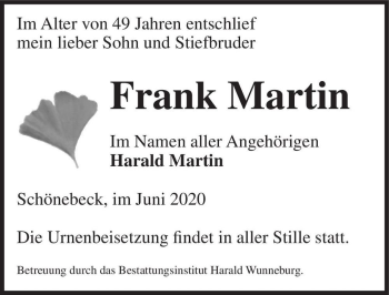 Traueranzeige von Frank Martin  von Magdeburger Volksstimme