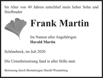 Traueranzeige von Frank Martin  von Magdeburger Volksstimme