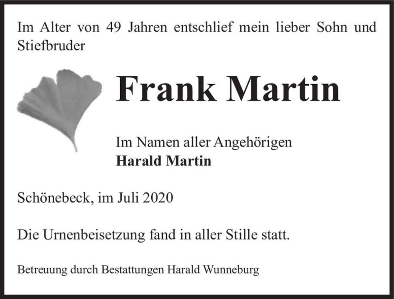  Traueranzeige für Frank Martin  vom 01.08.2020 aus Magdeburger Volksstimme