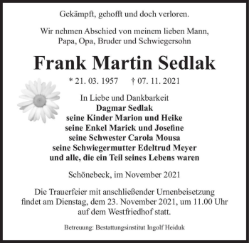 Traueranzeige von Frank Martin Sedlak  von Magdeburger Volksstimme