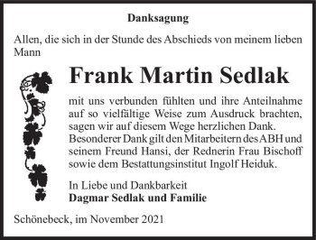 Traueranzeige von Frank Martin Sedlak  von Magdeburger Volksstimme