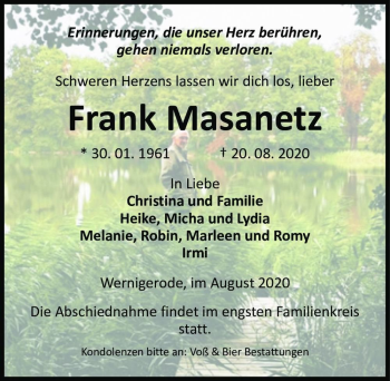 Traueranzeige von Frank Masanetz  von Magdeburger Volksstimme