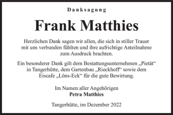 Traueranzeige von Frank Matthies  von Magdeburger Volksstimme