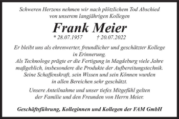 Traueranzeige von Frank Meier  von Magdeburger Volksstimme