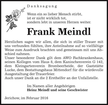 Traueranzeige von Frank Meindl  von Magdeburger Volksstimme