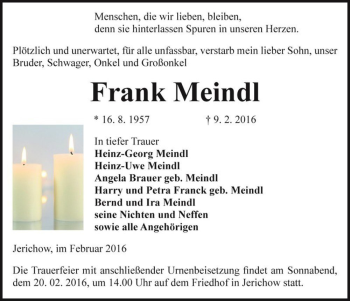 Traueranzeige von Frank Meindl  von Magdeburger Volksstimme