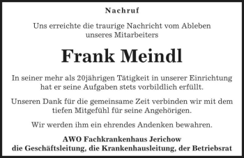 Traueranzeige von Frank Meindl  von Magdeburger Volksstimme