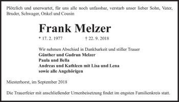 Traueranzeige von Frank Melzer  von Magdeburger Volksstimme