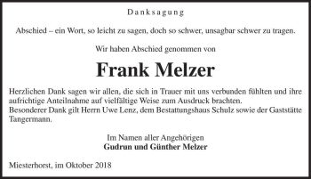 Traueranzeige von Frank Melzer  von Magdeburger Volksstimme