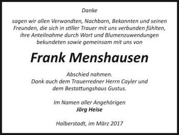 Traueranzeige von Frank Menshausen  von Magdeburger Volksstimme