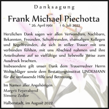 Traueranzeige von Frank Michael Piechotta  von Magdeburger Volksstimme