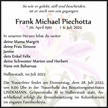 Traueranzeige von Frank Michael Piechotta  von Magdeburger Volksstimme