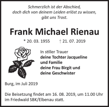 Traueranzeige von Frank Michael Rienau  von Magdeburger Volksstimme
