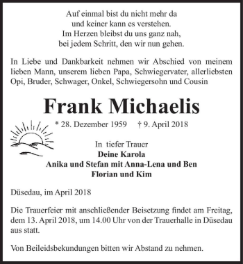 Traueranzeige von Frank Michaelis  von Magdeburger Volksstimme