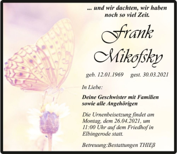 Traueranzeige von Frank Mikowsky  von Magdeburger Volksstimme