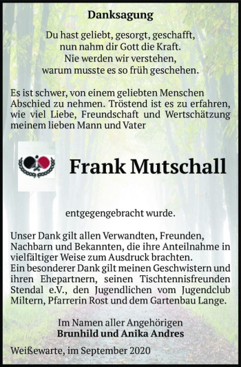 Traueranzeige von Frank Mutschall  von Magdeburger Volksstimme