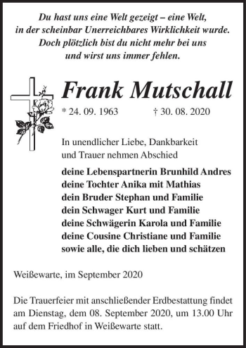 Traueranzeige von Frank Mutschall  von Magdeburger Volksstimme