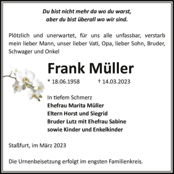 Traueranzeige von Frank Müller  von Magdeburger Volksstimme