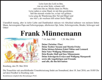 Traueranzeige von Frank Münnemann  von Magdeburger Volksstimme