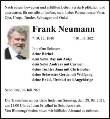 Traueranzeige von Frank Neumann  von Magdeburger Volksstimme