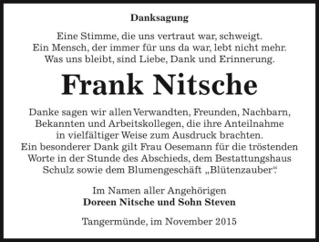 Traueranzeige von Frank Nitsche  von Magdeburger Volksstimme