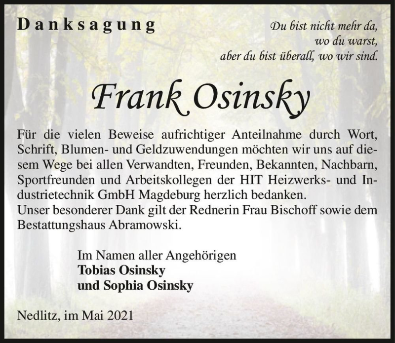  Traueranzeige für Frank Osinsky  vom 08.05.2021 aus Magdeburger Volksstimme