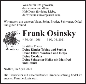 Traueranzeige von Frank Osinsky  von Magdeburger Volksstimme