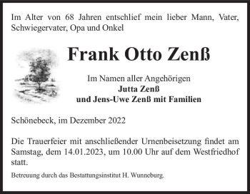Traueranzeige von Frank Otto Zenß  von Magdeburger Volksstimme