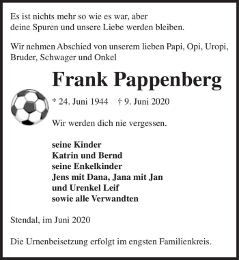 Traueranzeige von Frank Pappenberg  von Magdeburger Volksstimme