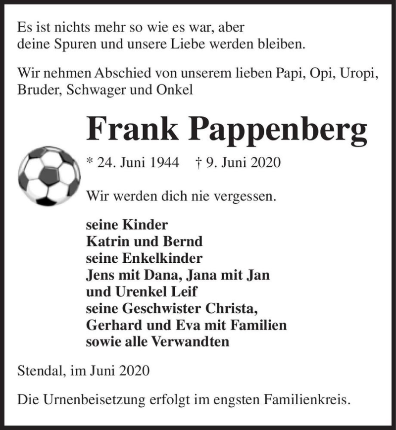  Traueranzeige für Frank Pappenberg  vom 24.06.2020 aus Magdeburger Volksstimme