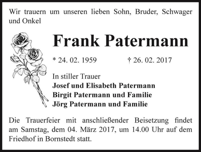  Traueranzeige für Frank Patermann  vom 01.03.2017 aus Magdeburger Volksstimme