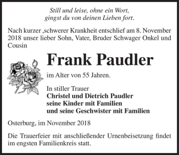 Traueranzeige von Frank Paudler  von Magdeburger Volksstimme