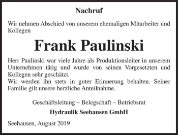 Traueranzeige von Frank Paulinski  von Magdeburger Volksstimme