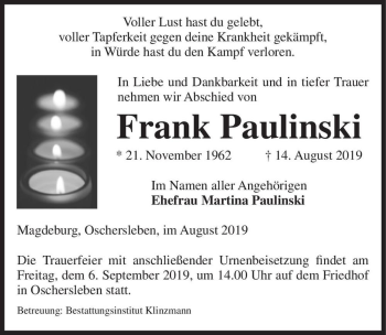 Traueranzeige von Frank Paulinski  von Magdeburger Volksstimme