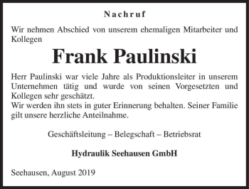 Traueranzeige von Frank Paulinski  von Magdeburger Volksstimme