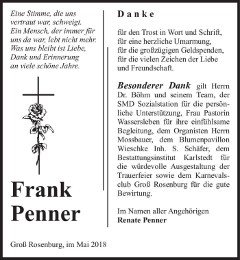 Traueranzeige von Frank Penner  von Magdeburger Volksstimme