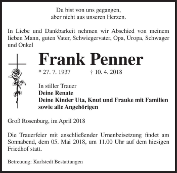 Traueranzeige von Frank Penner  von Magdeburger Volksstimme
