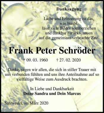 Traueranzeige von Frank Peter Schröder  von Magdeburger Volksstimme