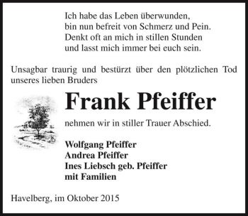 Traueranzeige von Frank Pfeiffer  von Magdeburger Volksstimme