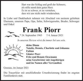 Traueranzeige von Frank Piorr  von Magdeburger Volksstimme
