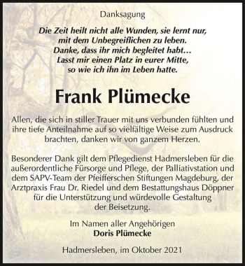 Traueranzeige von Frank Plümecke  von Magdeburger Volksstimme