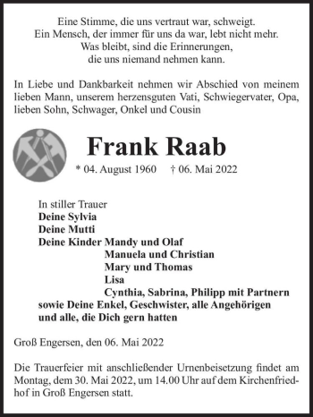 Traueranzeige von Frank Raab  von Magdeburger Volksstimme
