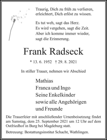 Traueranzeige von Frank Radseck  von Magdeburger Volksstimme