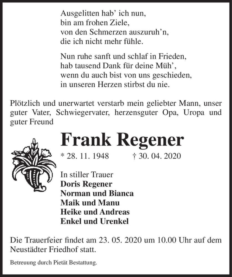  Traueranzeige für Frank Regener  vom 16.05.2020 aus Magdeburger Volksstimme