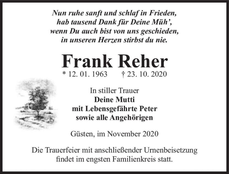  Traueranzeige für Frank Reher  vom 07.11.2020 aus Magdeburger Volksstimme