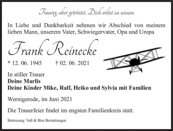 Traueranzeige von Frank Reinecke  von Magdeburger Volksstimme