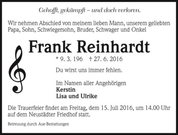 Traueranzeige von Frank Reinhardt  von Magdeburger Volksstimme
