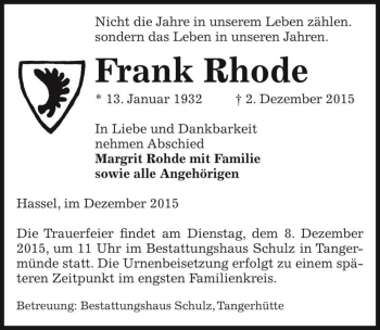 Traueranzeige von Frank Rhode  von Magdeburger Volksstimme