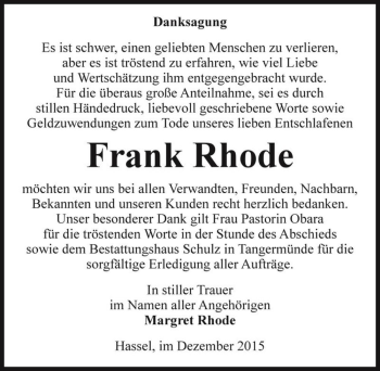 Traueranzeige von Frank Rhode  von Magdeburger Volksstimme