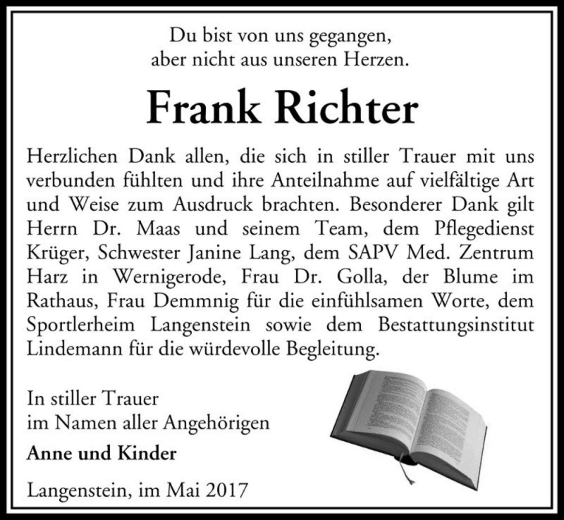  Traueranzeige für Frank Richter  vom 13.05.2017 aus Magdeburger Volksstimme